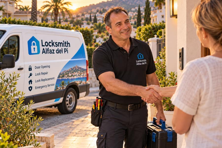A white lettered van parked on a cobbled drive at sunset while a man in a black polo shakes hands with a woman at her door, white villas climbing the hill behind